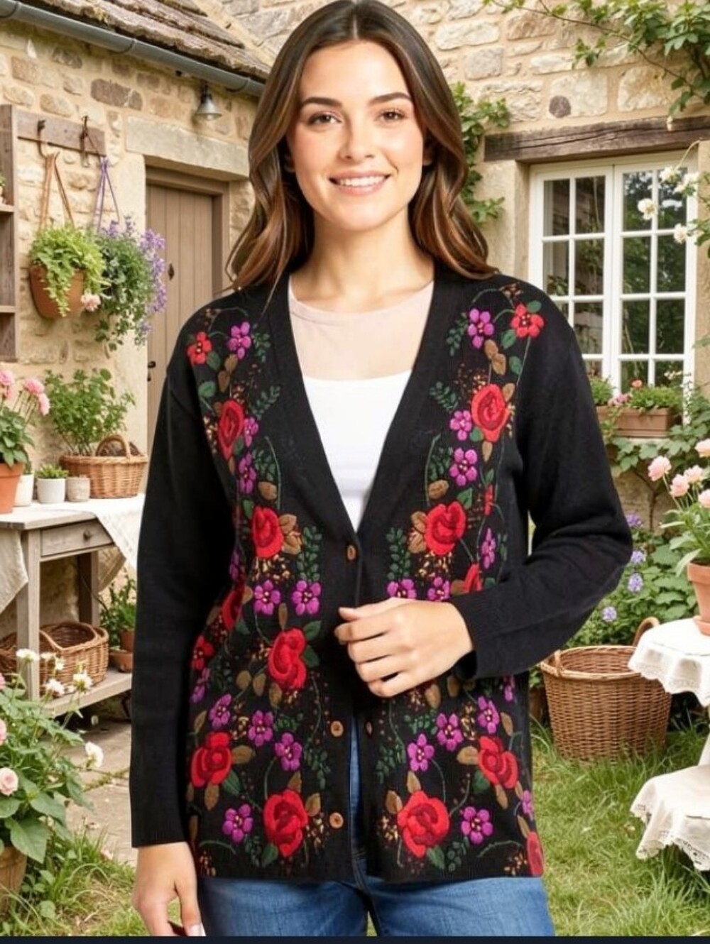 RARE SPANNER %100 Wool Black Floral Embroidered Button-Front Cardigan